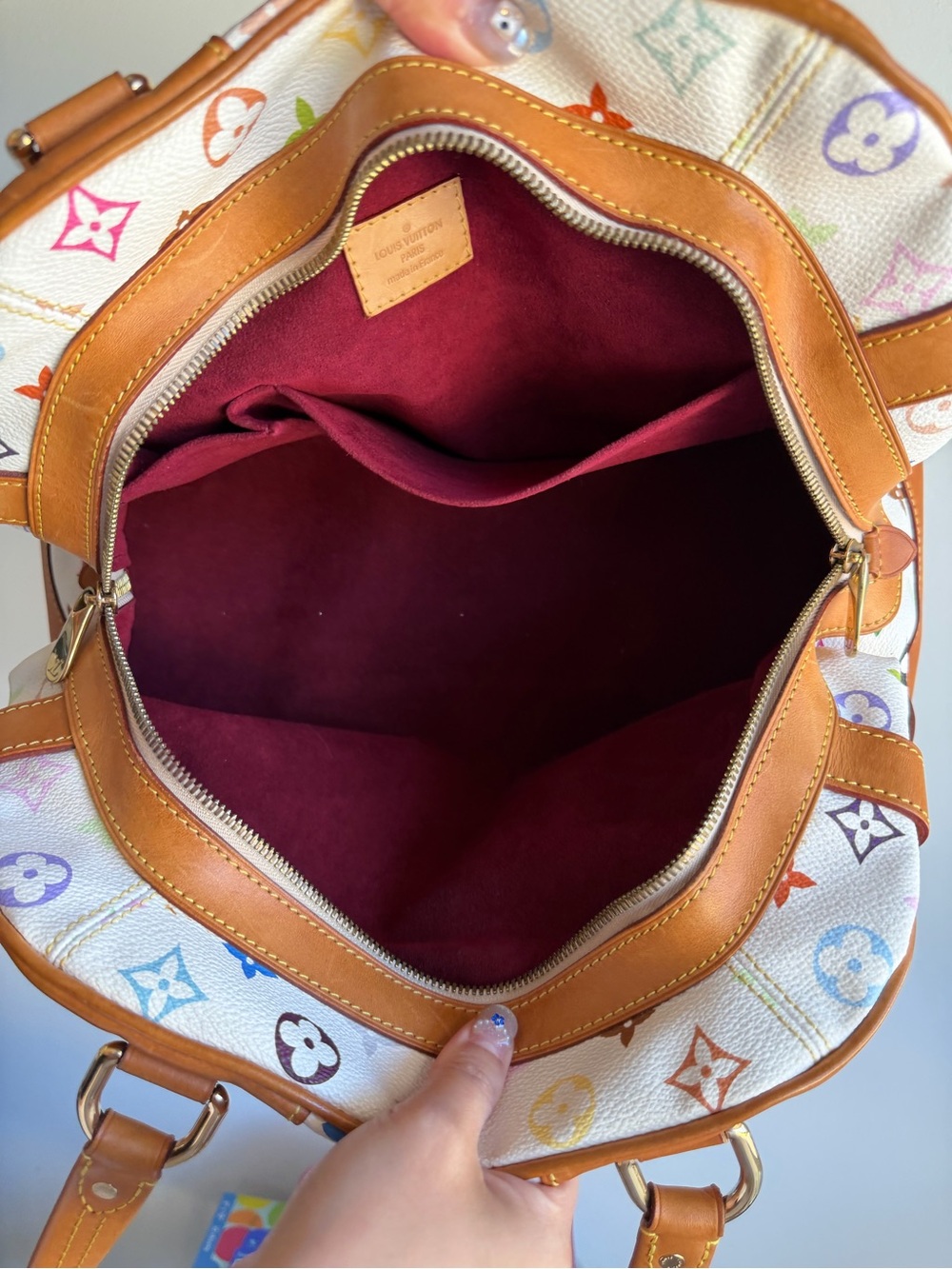 Louis Vuitton White Multicolor Monogram Canvas Shoulder Bag with Tan Leather - Picture 5 of 7
